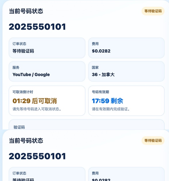 当前订单卡片:号码、倒计时和操作按钮